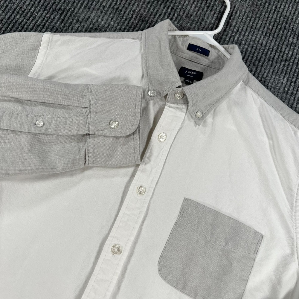 J Crew Oxford Shirt Mens Large Gray White Slim Fit Long Sleeve Button Down